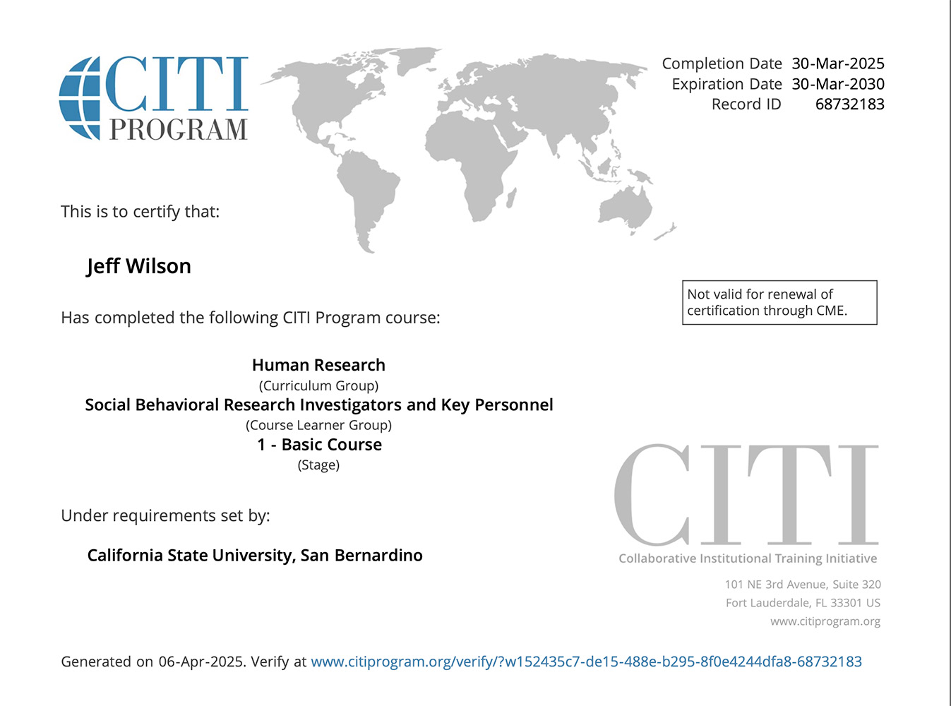 CITI certificate of completion for Jeff Wilson