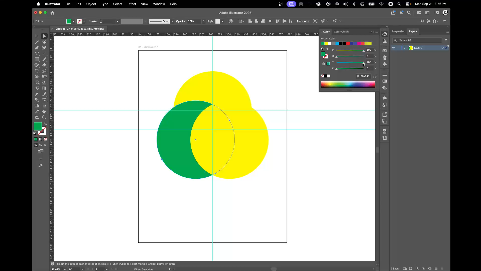 Illustrator with a green circle selected while the Color panel reads C 100, M 0, Y 100, K 0