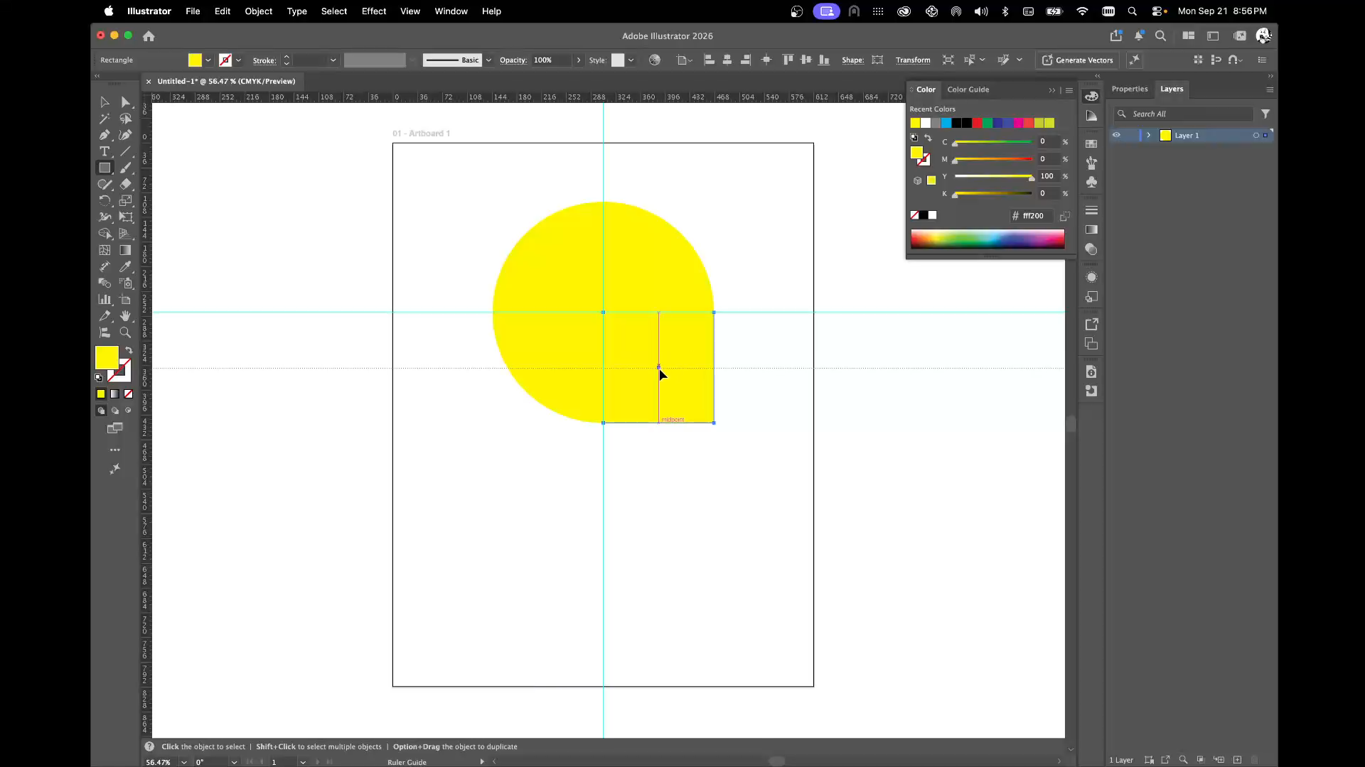 Rectangle dragged from the circle's center to its edge, with the midpoint smart guide showing