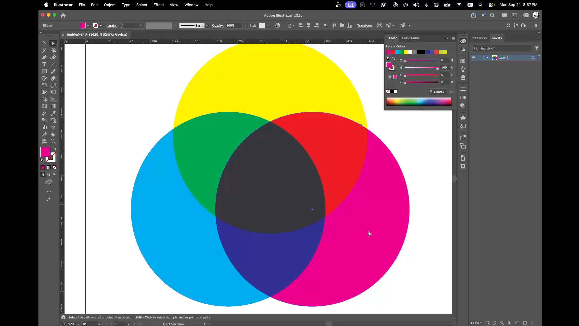Finished wheel: overlaps read red, green and blue, with near-black where all three meet