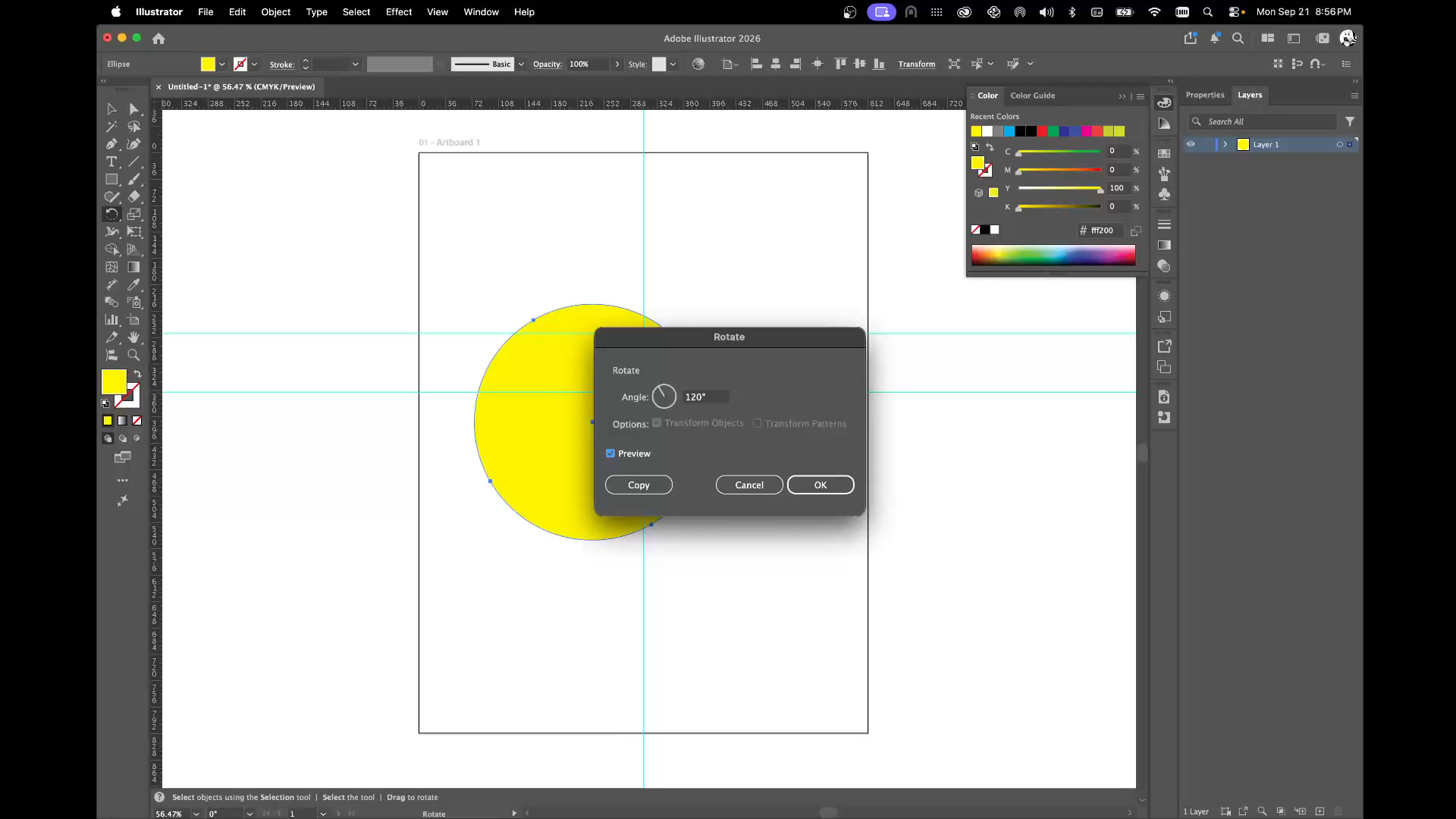 Illustrator's Rotate dialog with Angle set to 120 degrees and a Copy button