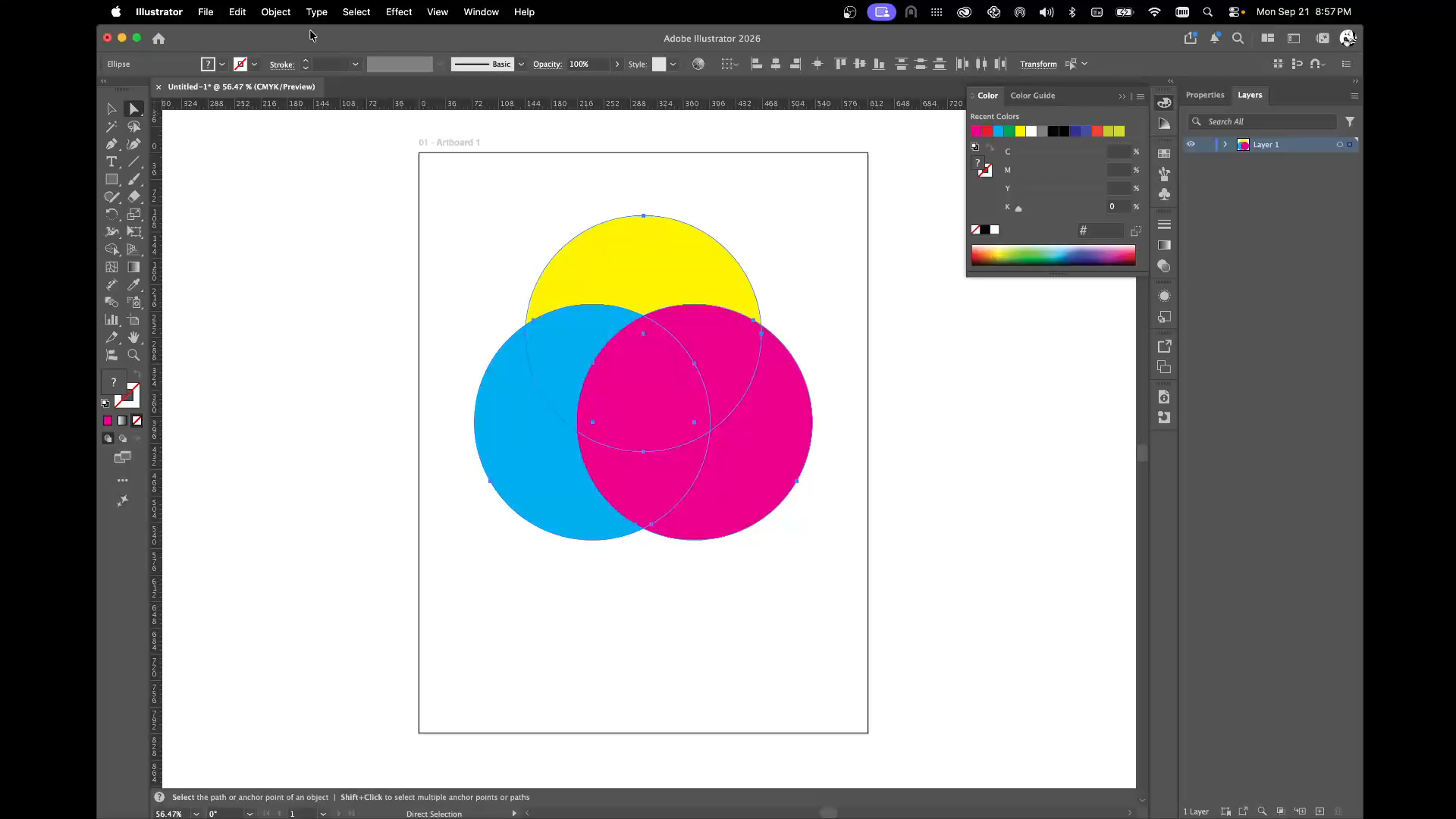 Three opaque circles in yellow, cyan and magenta, evenly spaced and all selected